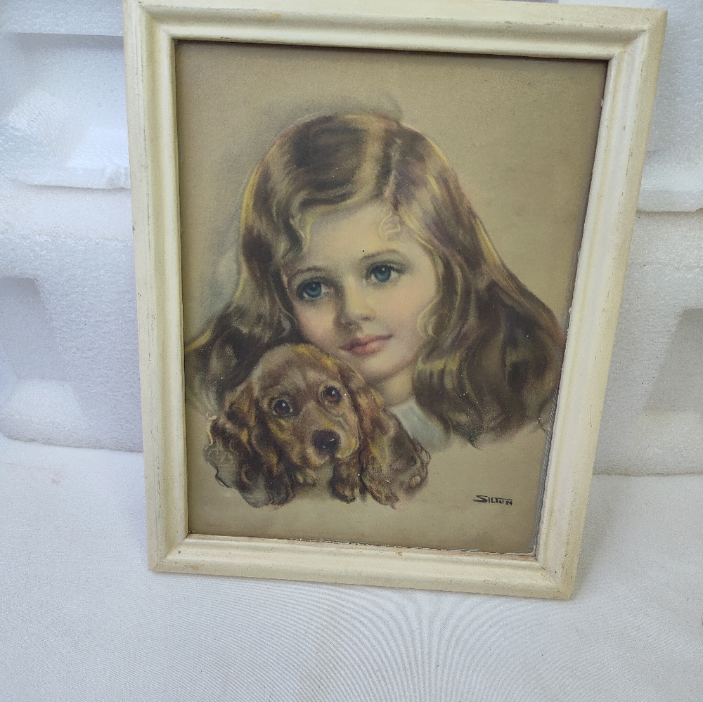 Vintage Slion Girl and Dog Framed Print Child and Puppy Mid Century Wall Decor
